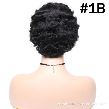Pixie Cut Short Human Hair Wig Finger Wave For Black Women, Brazilian Virgin Cuticle Aligned Hair Wavy Wig Natural Color 1b